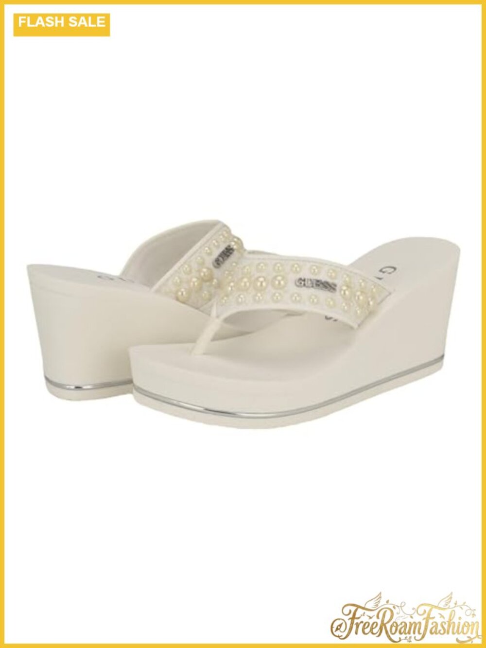 GUESS Silus Pearl Strap Wedge Sandal Slip On Open Square Toe Casual